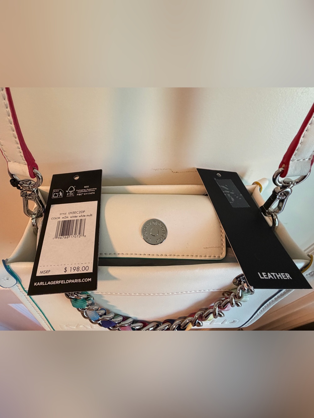 KARL LAGERFELD Savoie SATCHEL White Leather Chain Crossbody BAG Purse NWT $198 🌈 - Picture 11 of 15